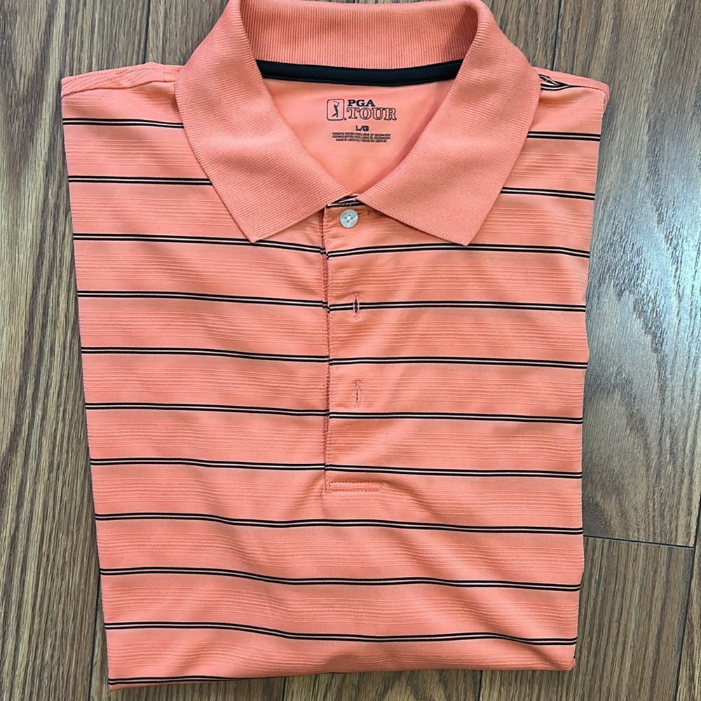 PGA Tour  Men's Orange Striped Polo Shirt, short sleeve, tree button closure L